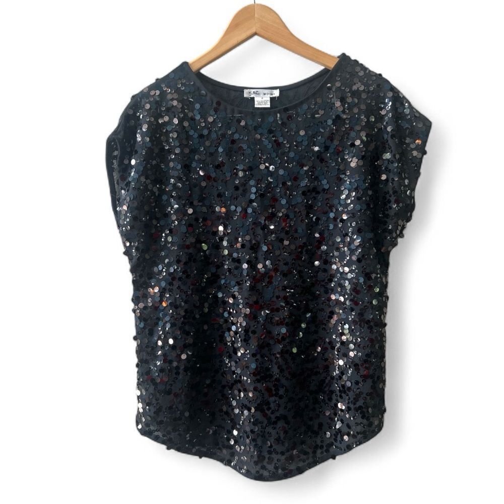 WD.NY Cap Sleeve Blouse Black Large Circle Rhinestones Sz S Sparkly Holidays Vtg